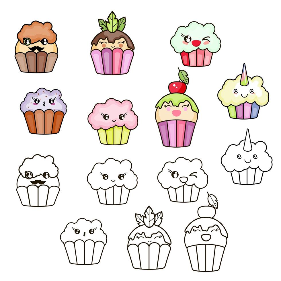 Set of cute, kawai sweets and confection. Object separated from the background. vector