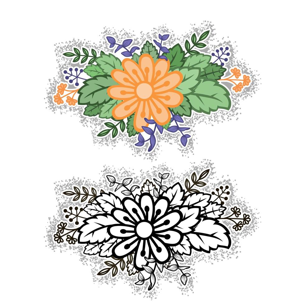 Flower arrangement in color and black and white. Floral motif for design elements. vector