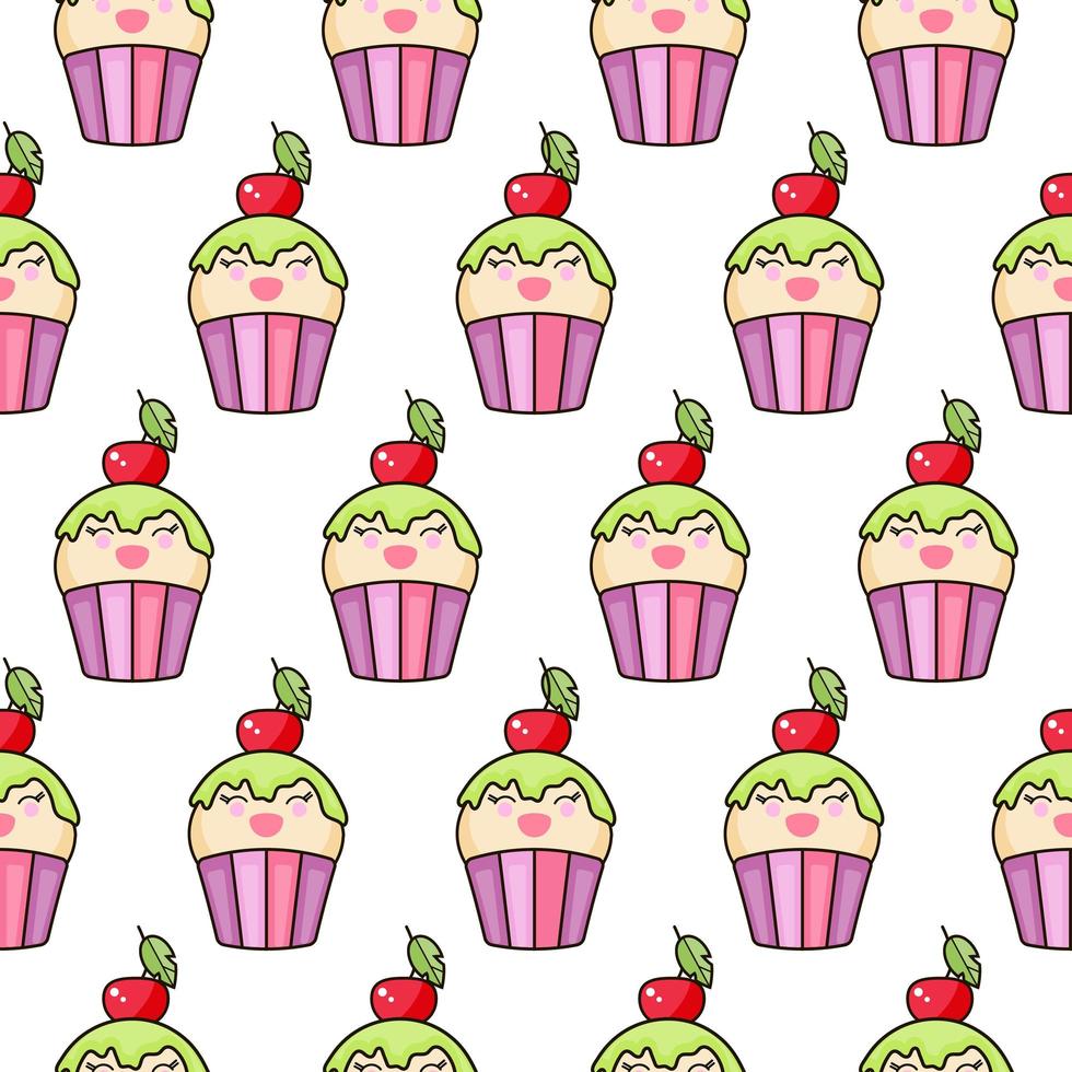 Seamless texture with cute kawaii cupcake. Sweet ripe cherry. vector