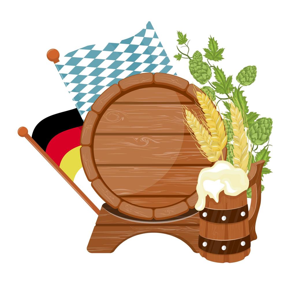 Cartoon emblem with glasses of beer, wooden barrel. Isolated on white background. vector