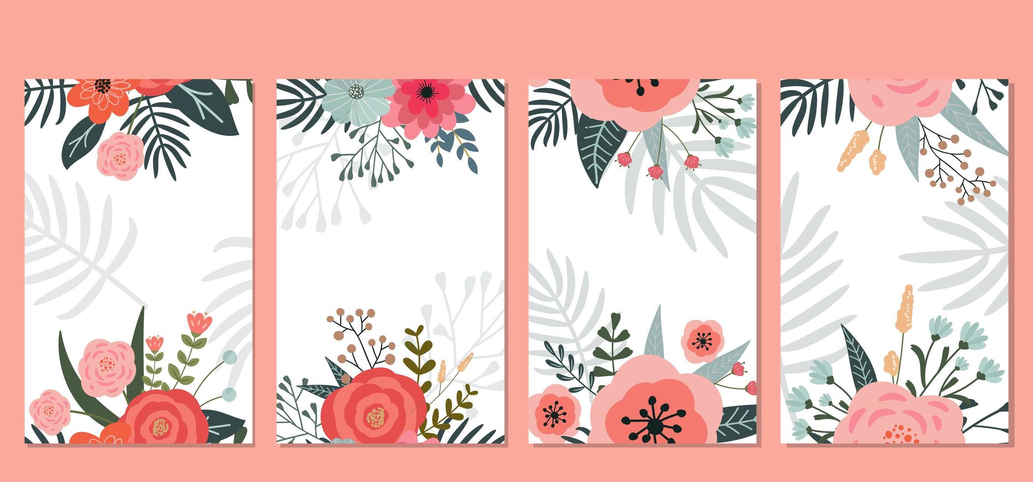 Set of postcards with elements of spring flowers and floral elements for your design. Hand-drawn. vector