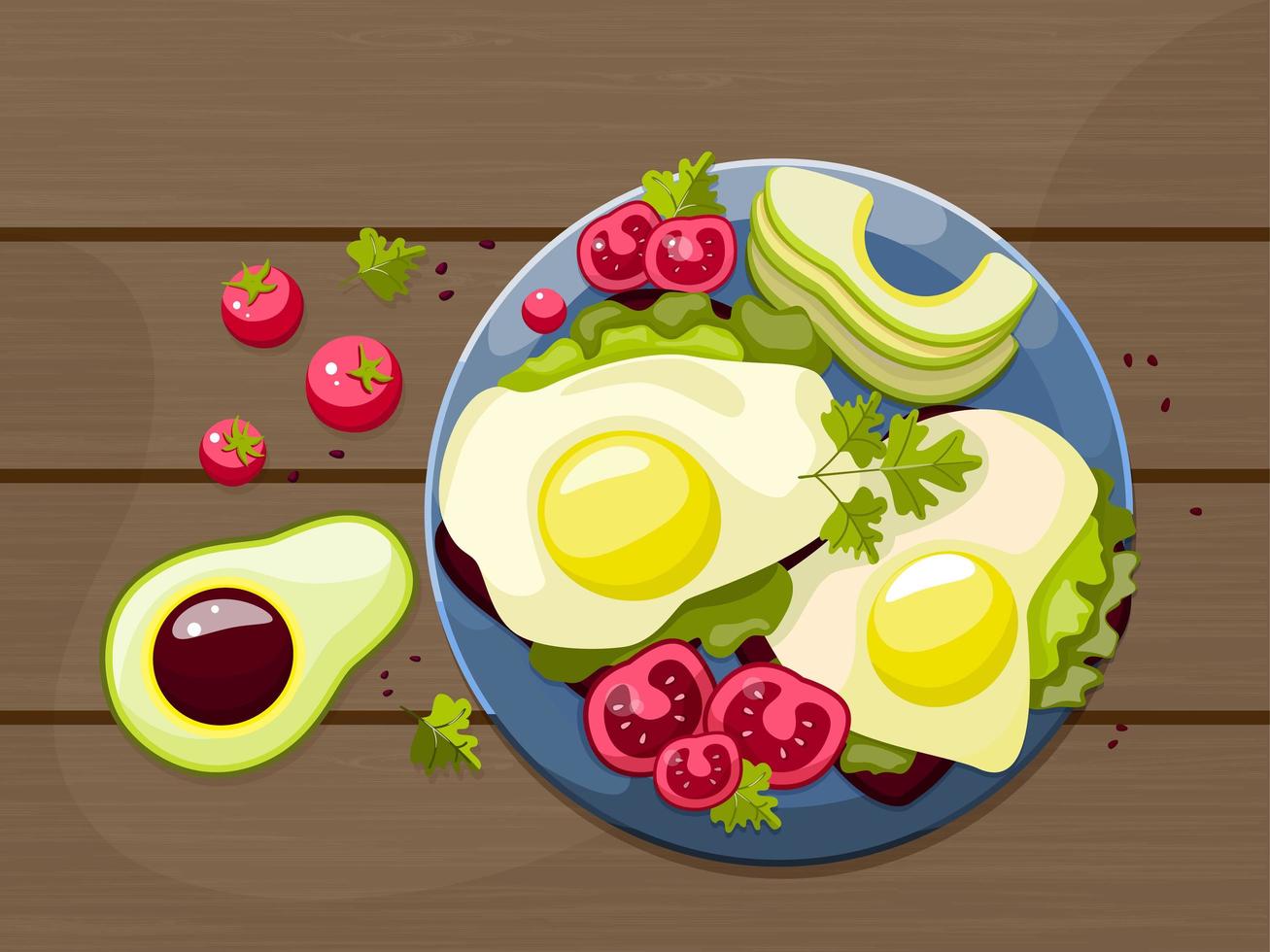 A rich breakfast of fried eggs and fresh vegetables and avocados. vector