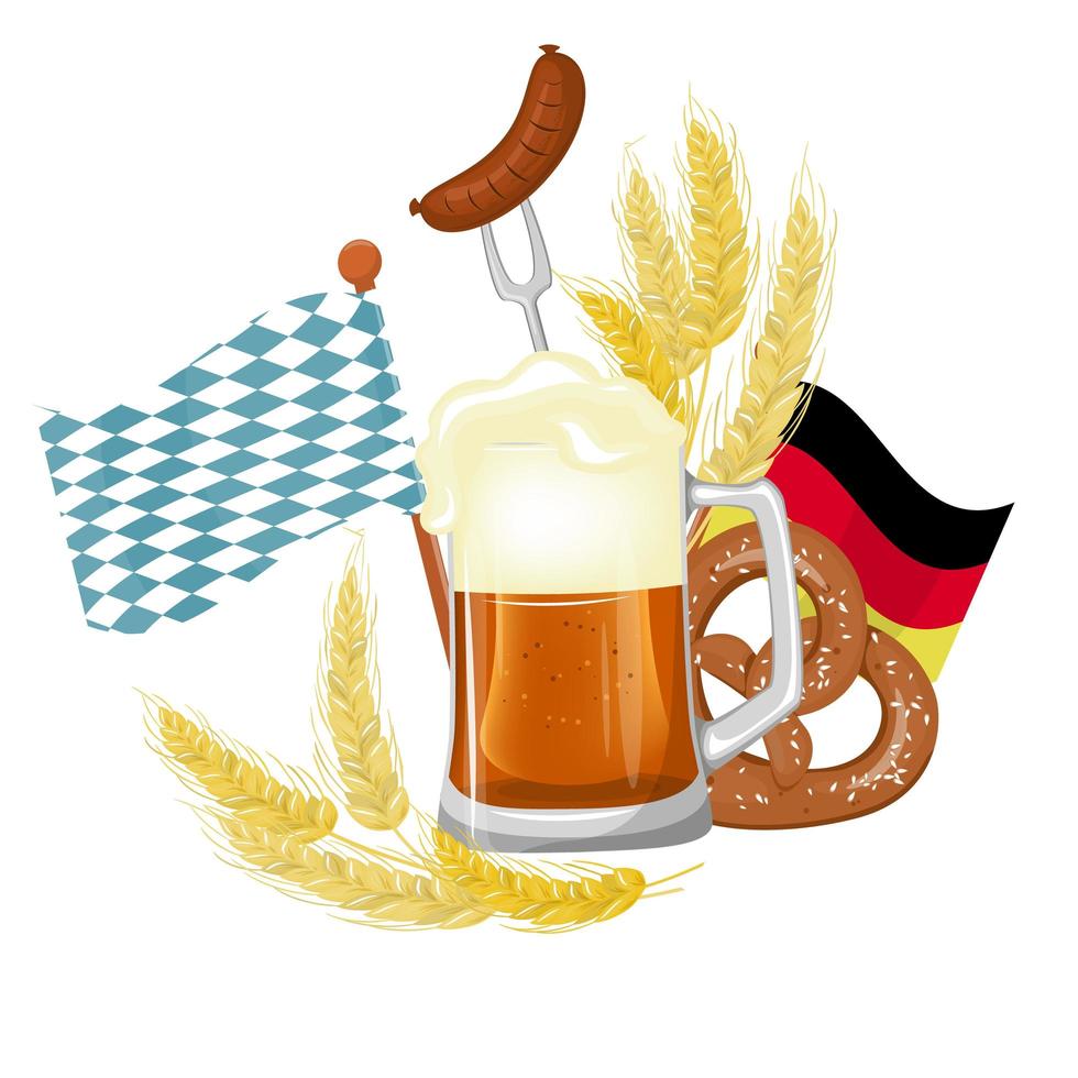 Oktoberfest festival poster, splashing beer with pretzel and wheats isolated vector