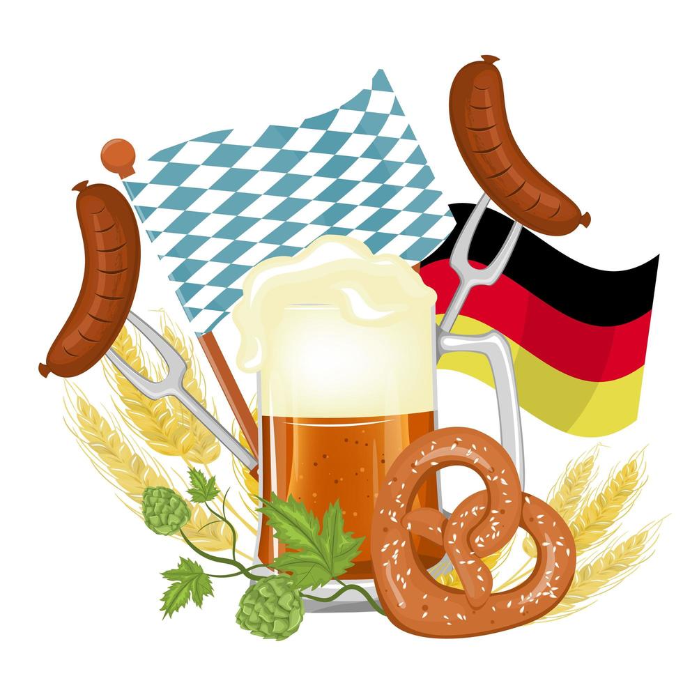 Oktoberfest festival poster, splashing beer with pretzel and wheats isolated vector