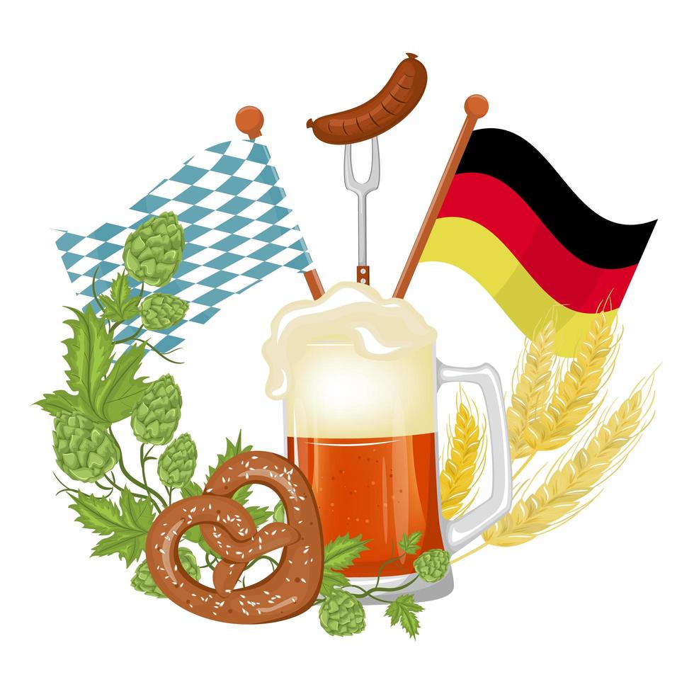 cartel del festival oktoberfest, salpicaduras de cerveza con pretzel y trigos aislados vector