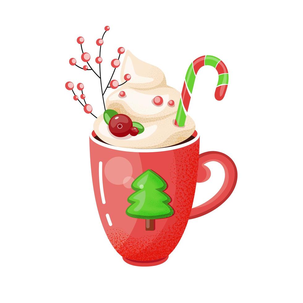 Hot chocolate cup. Christmas drink on winter background. Red mug of cacao to go. Seasonal banner. vector