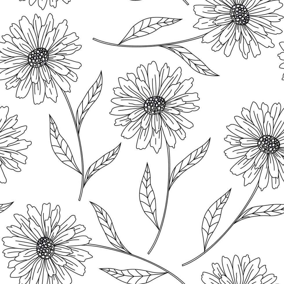 Seamless floral vector pattern with peonies, camomile or daisy. Hand drawn black paint illustration with abstract floral motif.