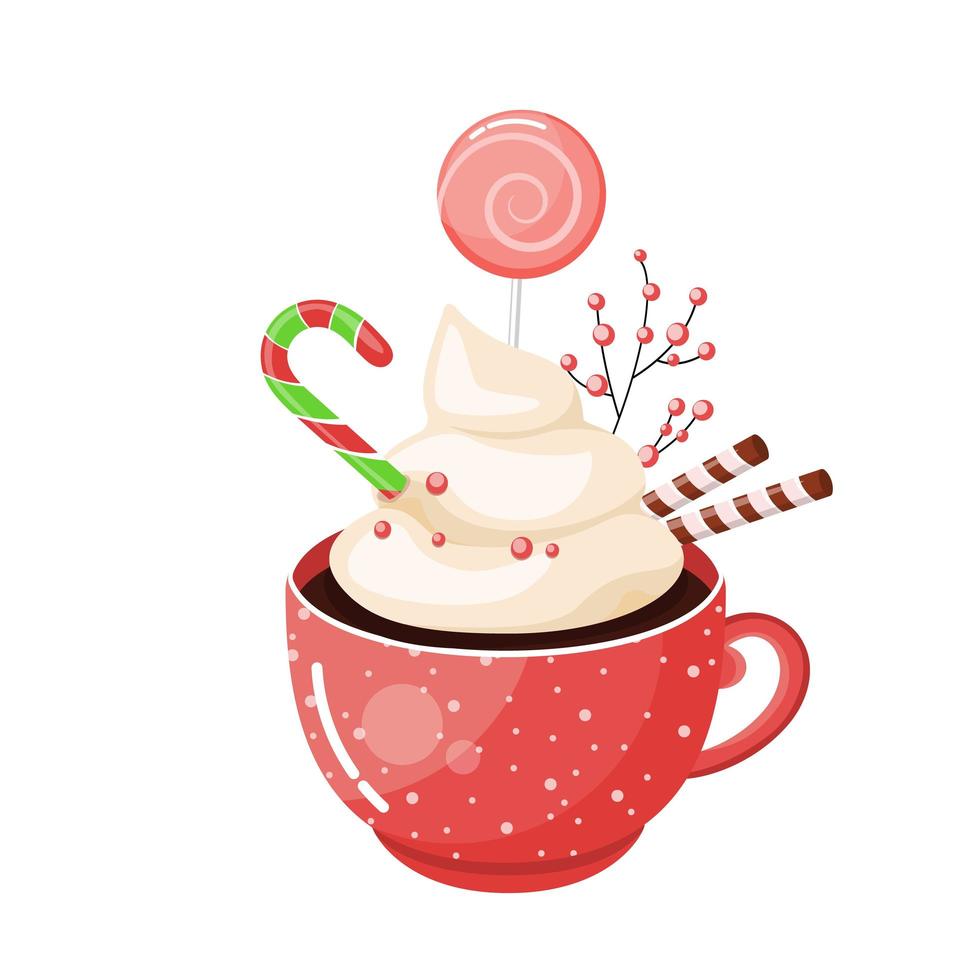 Hot chocolate cup. Christmas drink on winter background. Red mug of cacao to go. Seasonal banner. vector