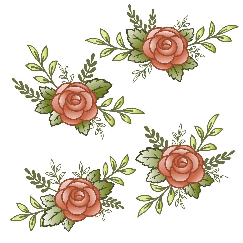 Flowers roses, red buds and green leaves. Set collection. Isolated on white background. Vector illustration.