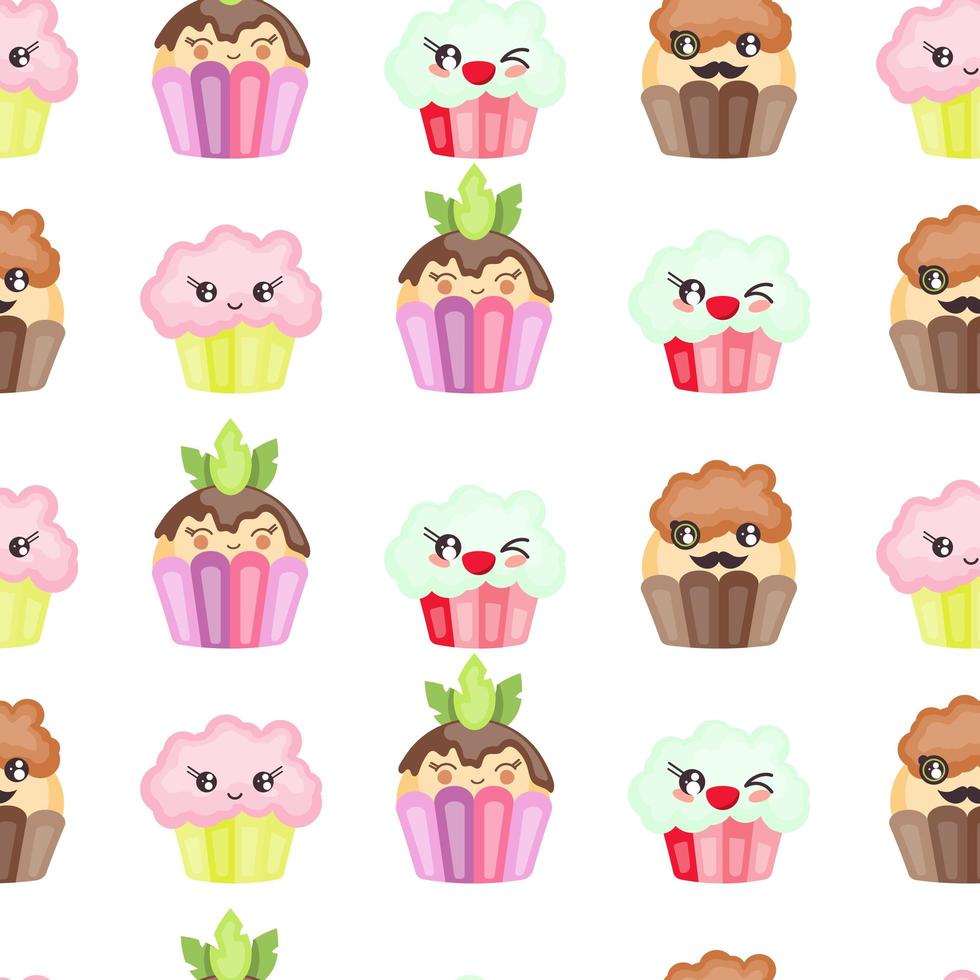 Seamless texture with cute kawaii cupcake. Vector template for textile, fabrics.