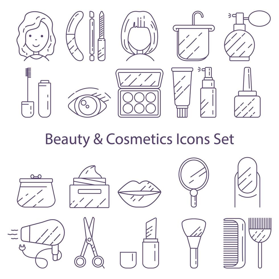 Set of icons for beauty and cosmetics created under the influence of a beauty salon, makeup and cosmetics. Suitable for print, web, symbols, applications, infographics. vector