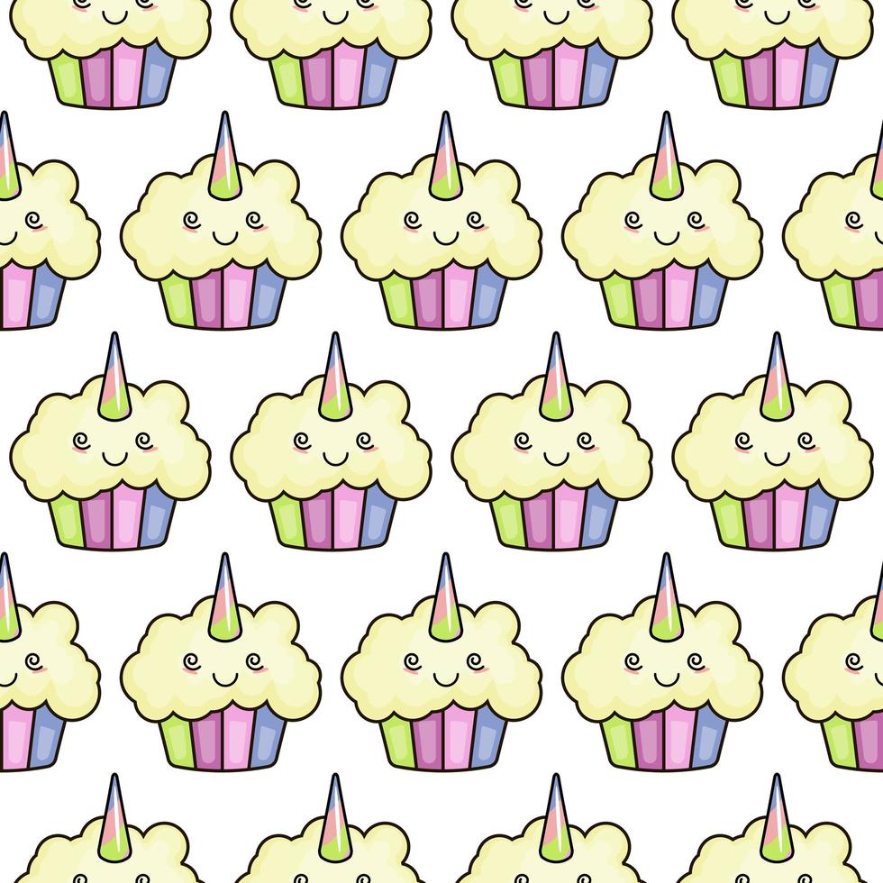 Seamless texture with cute, kawaii posed rainbow unicorn. Vector template for textiles, fabrics, wrapping paper.