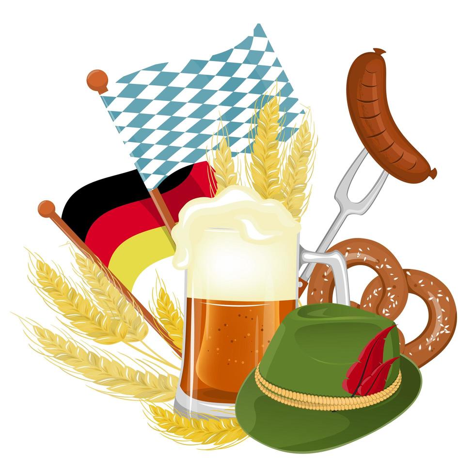 Ilustración de cartel de fiesta de Oktoberfest con cerveza oscura fresca, pretzel. vector