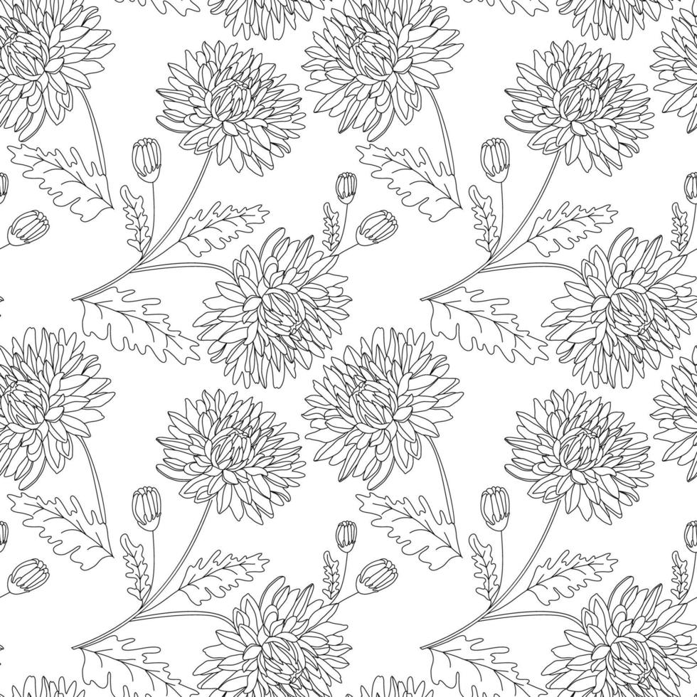 Seamless pattern with black outlined chrysanthemum flowers, buds, and leaves on white isolated background. vector