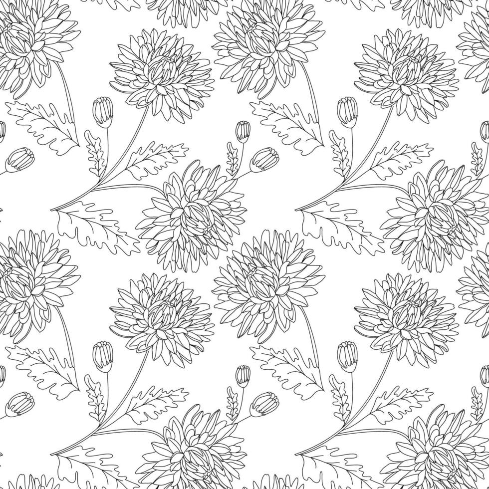 Seamless pattern with black outlined chrysanthemum flowers, buds, and leaves on white isolated background. vector