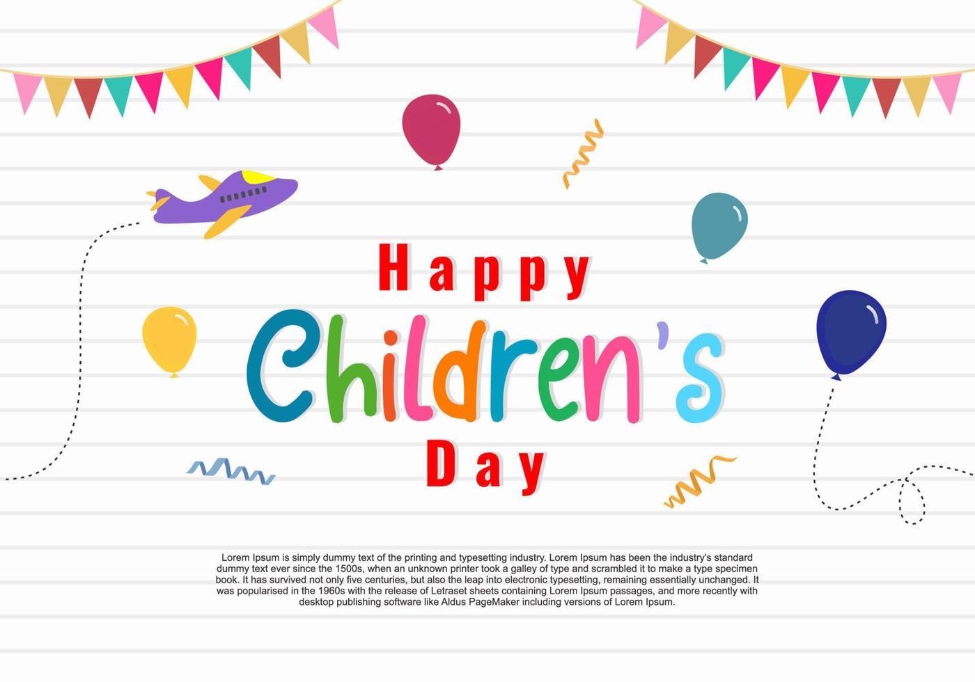 Happy children day with airplane, balloons and party ornament, vector