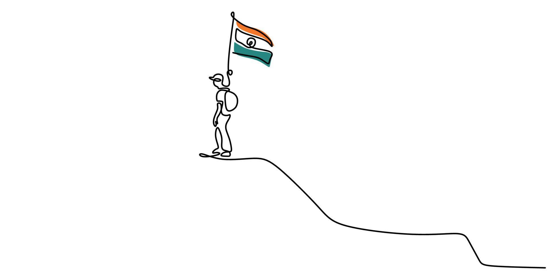 Continuous line of man bring india flag on mountain for republic day vector