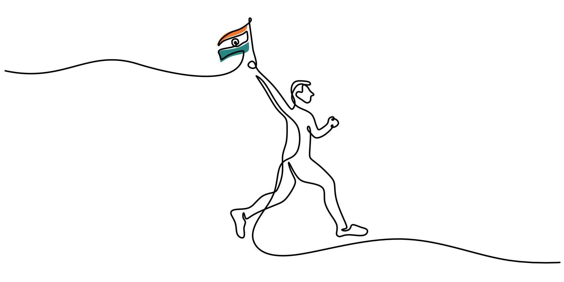 Continuous line india running man holding india flag for republic day vector