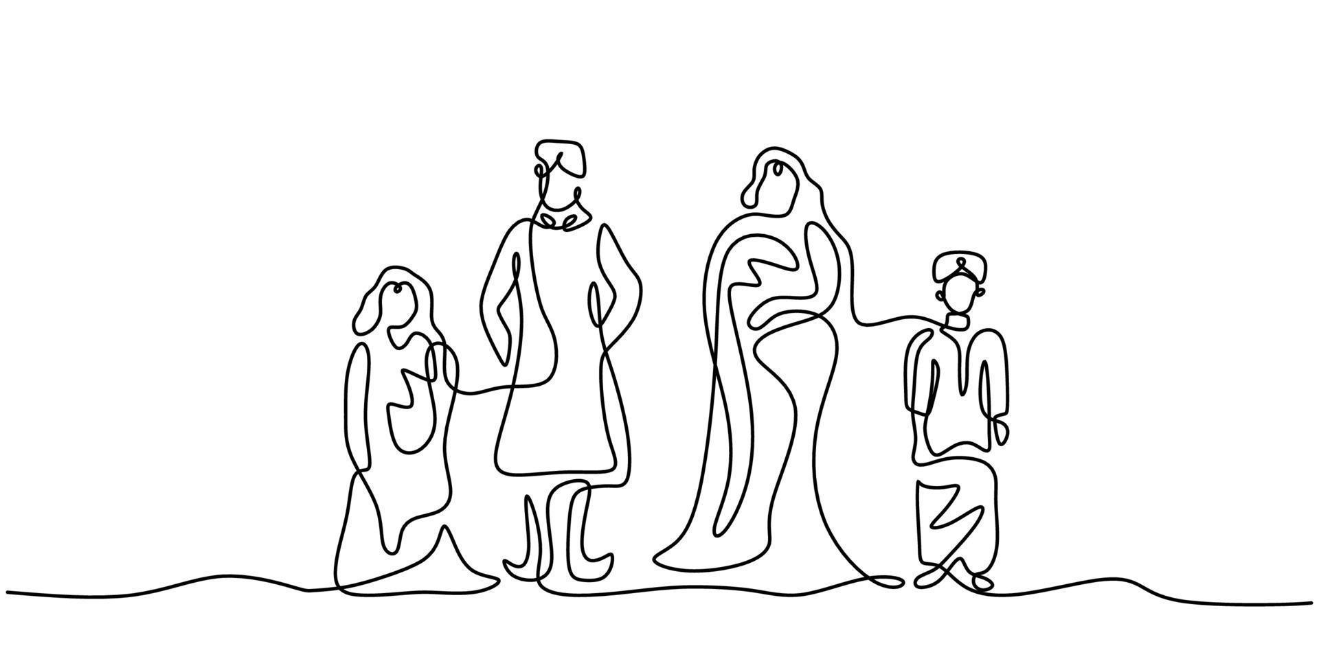 Continuous one single line indian family wearing traditional clothes vector