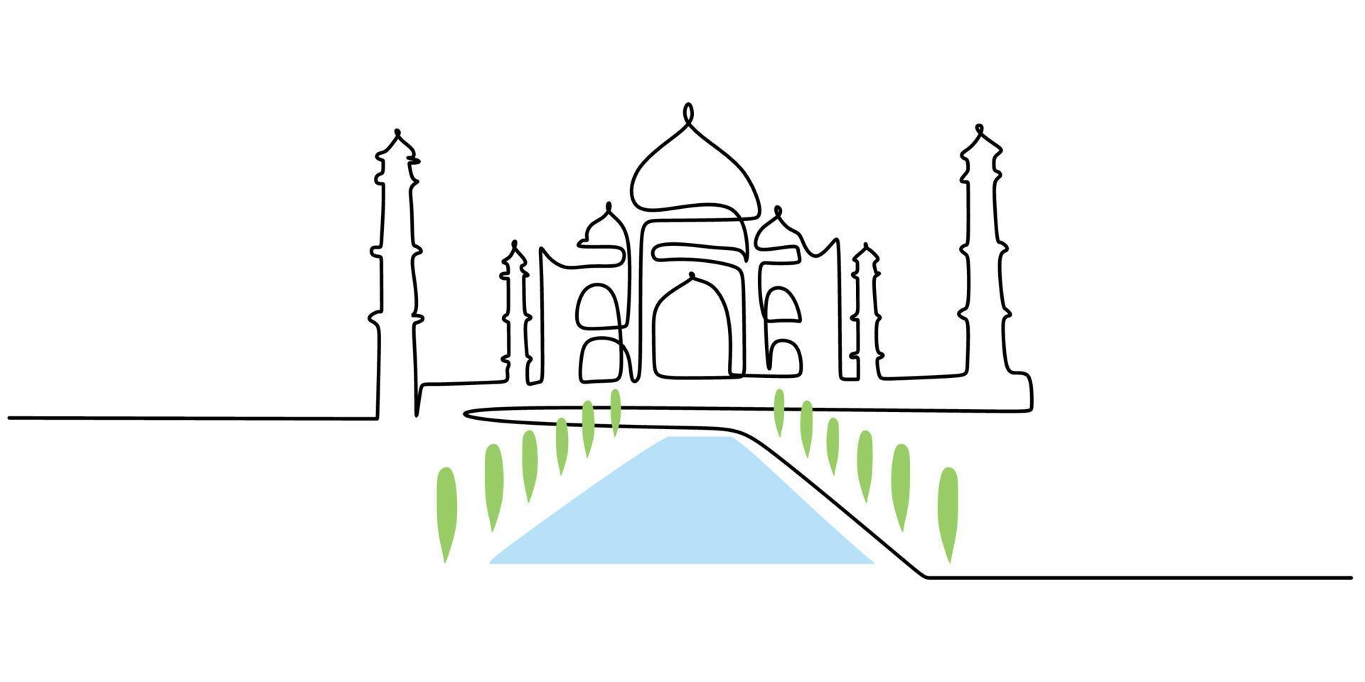 continua una sola línea de taj mahal de la india vector