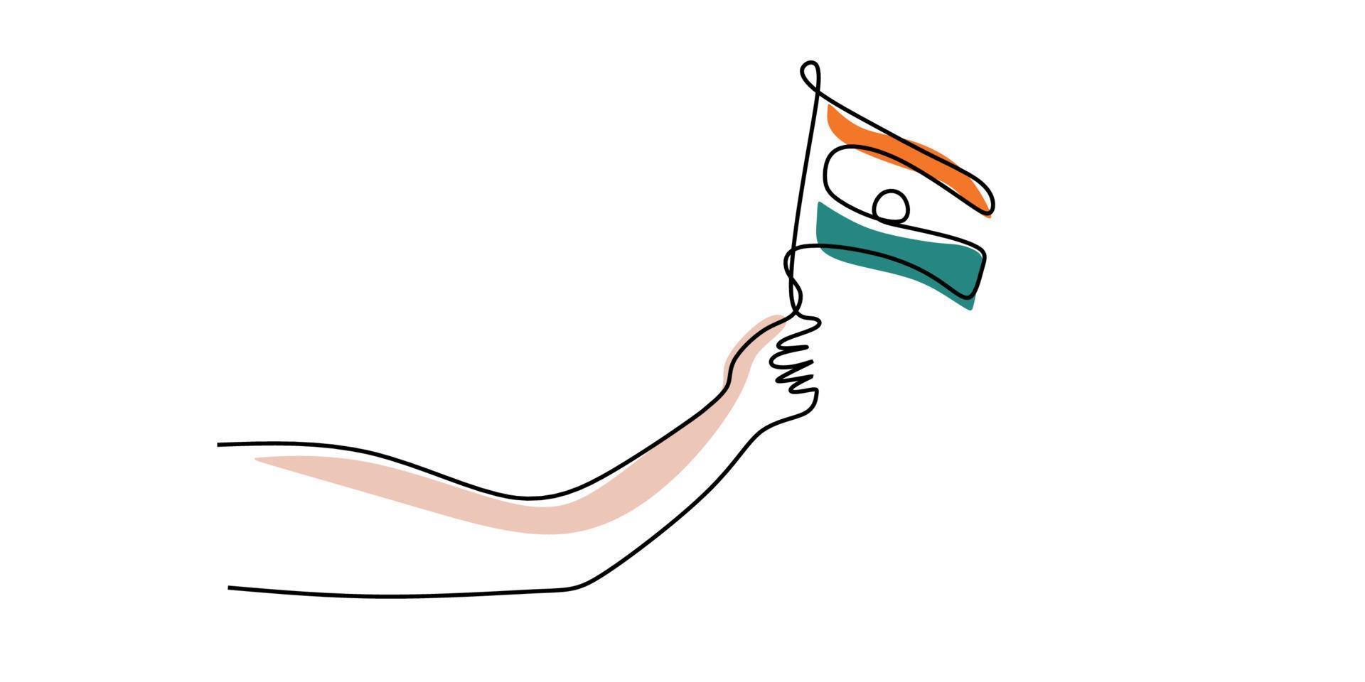 una sola línea continua de mano sosteniendo la bandera de la india vector