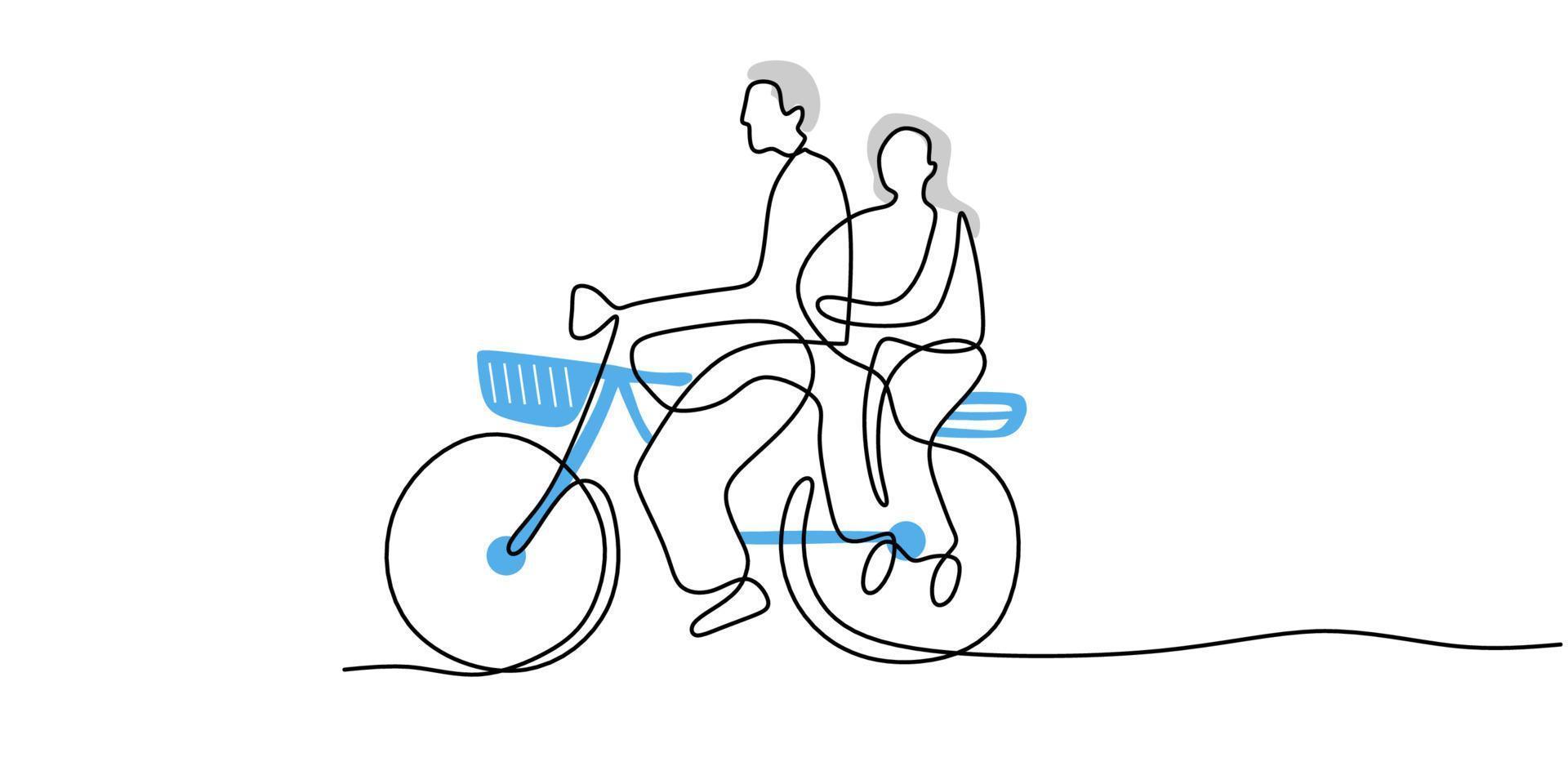 una sola línea continua de pareja madura montando bicicleta vintage vector