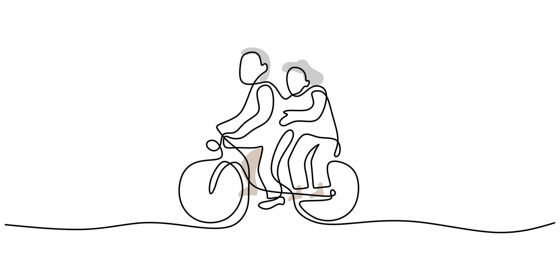una sola línea continua de pareja madura montando bicicleta vector