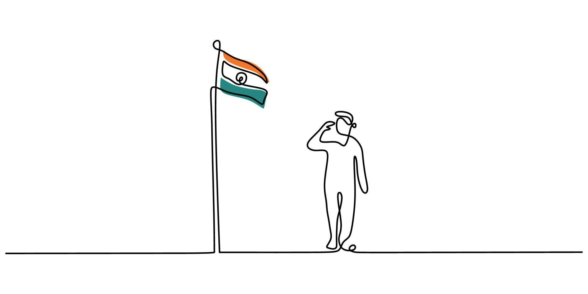 Continuous one single line man salute to india flag for republic ...