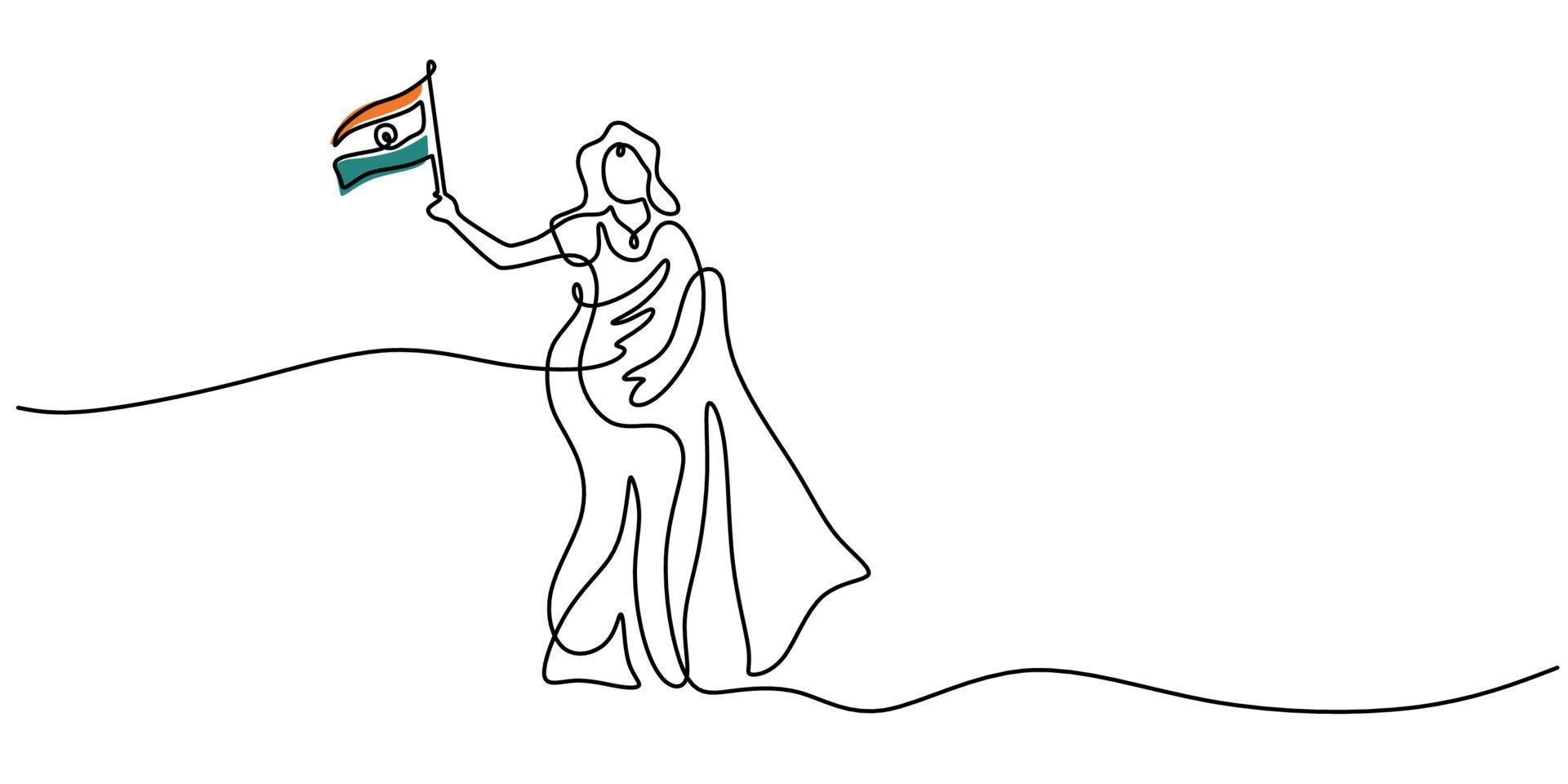 Continuous line of india woman holding india flag for republic day vector