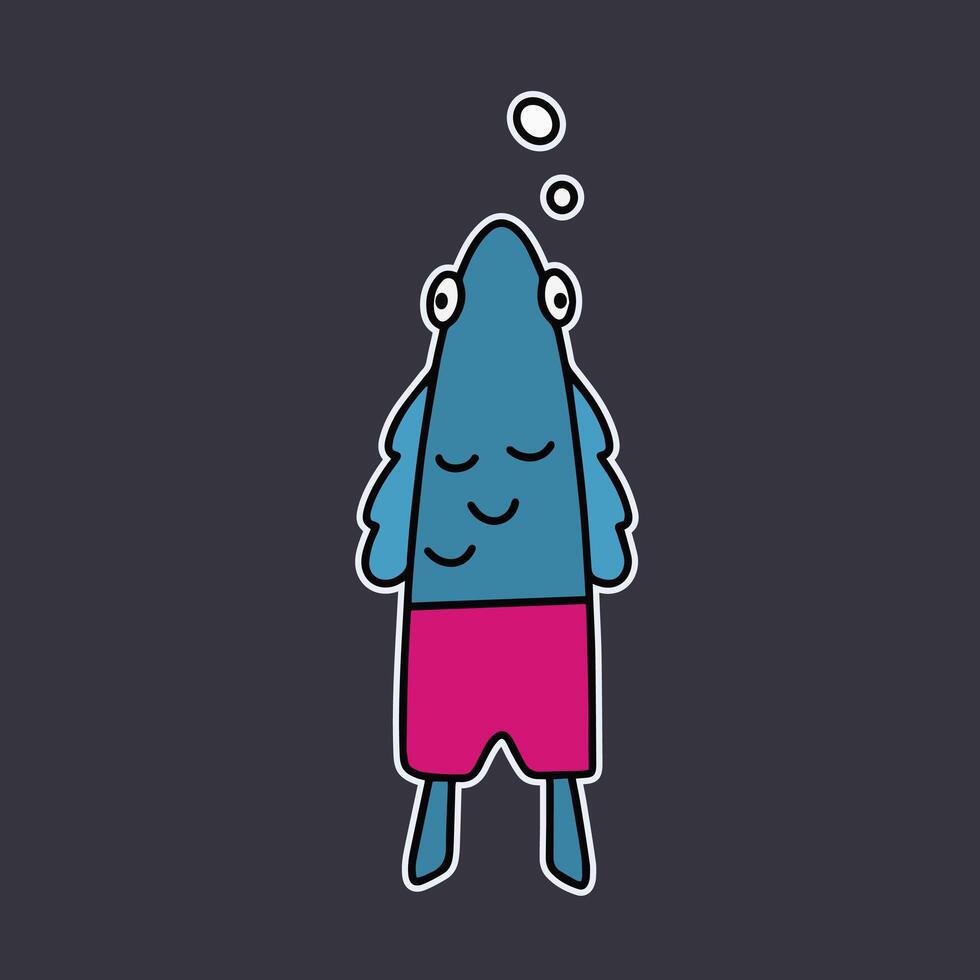 Funny sticker of a fish in pink shorts. Fish with a funny look. Good for postcards, stickers and children's books. Isolated. . vector