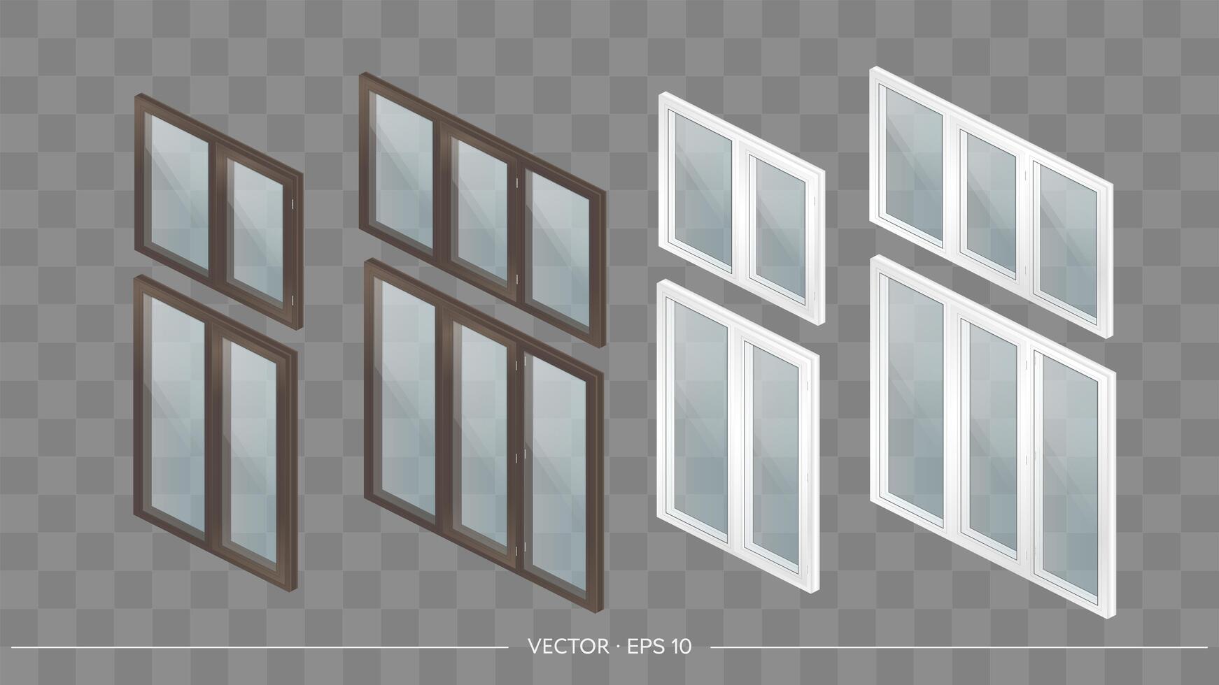 un gran juego de ventanas de metal-plástico con vidrios transparentes en 3d. ventana moderna en un estilo realista. isometría, ilustración vectorial. vector