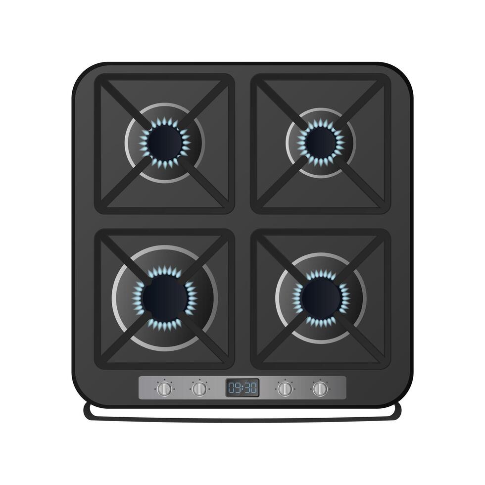 Estufa de cocina negra con vista superior. Estufa a gas incluida. horno moderno para la cocina en un estilo realista. aislado. vector. vector