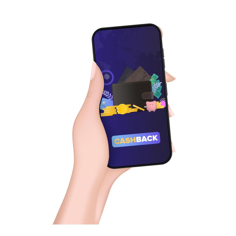 Hand holds phone with cashback. Brown wallet with credit cards and gold coins. Men's wallet with bank cards. The concept of savings and accumulation of money. vector