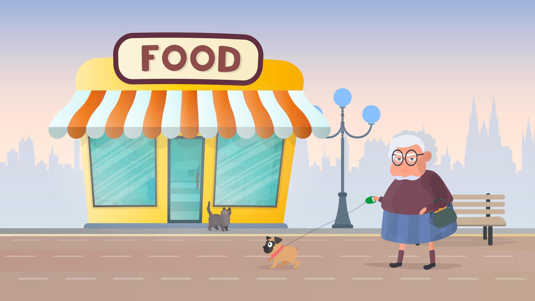 An old woman walking her dog in front of a food store vector