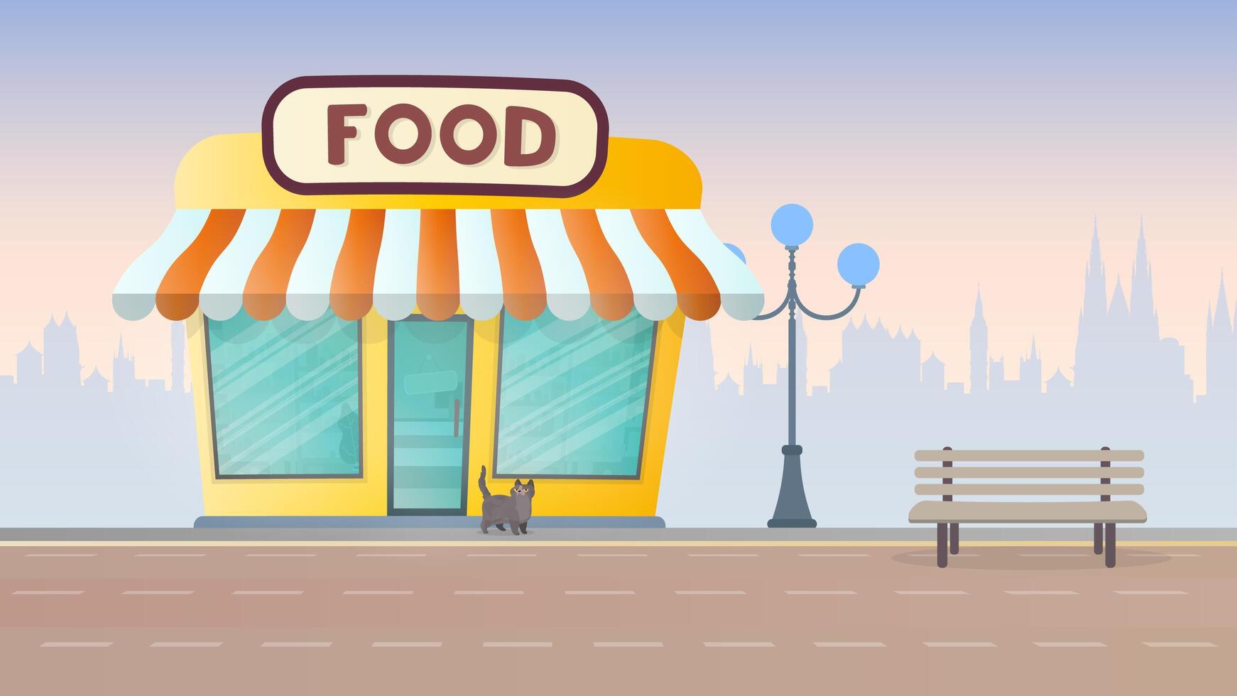 Fresh food store. Grocery store on the background of the city. Flat style. Vector. vector