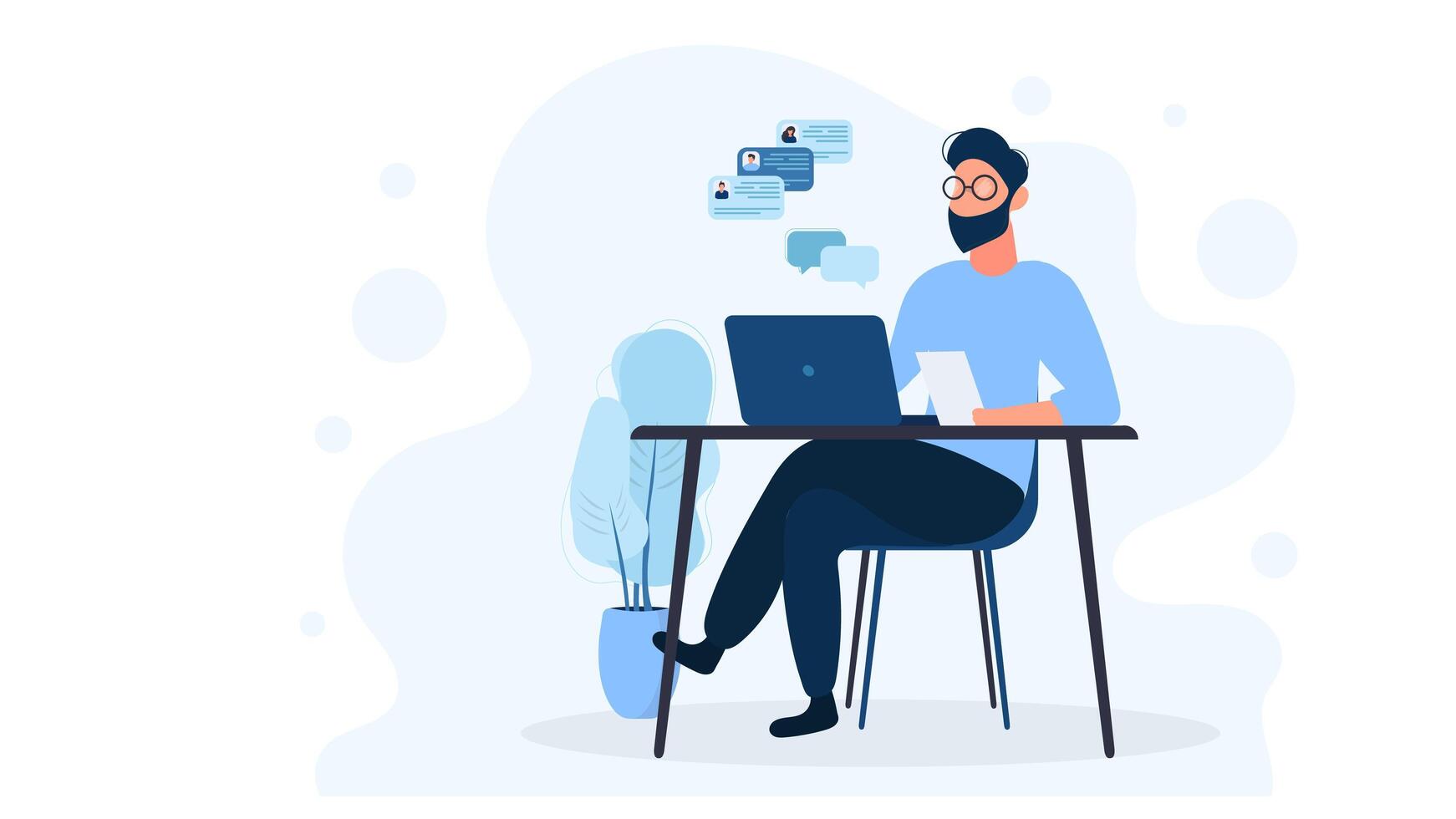 A man works on a laptop. The guy is sitting at the table with a laptop. Flat style. Good for image work, office, hiring staff. Vector illustration