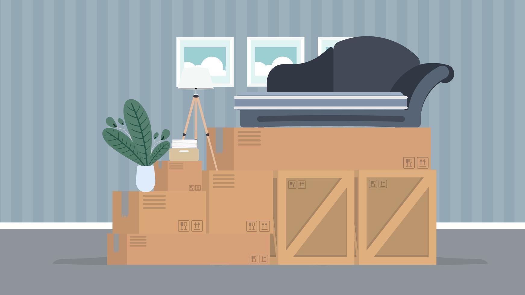 Moving home banner. Moving to a new place. Wooden boxes, cardboard boxes, sofa, houseplant, floor lamp. vector