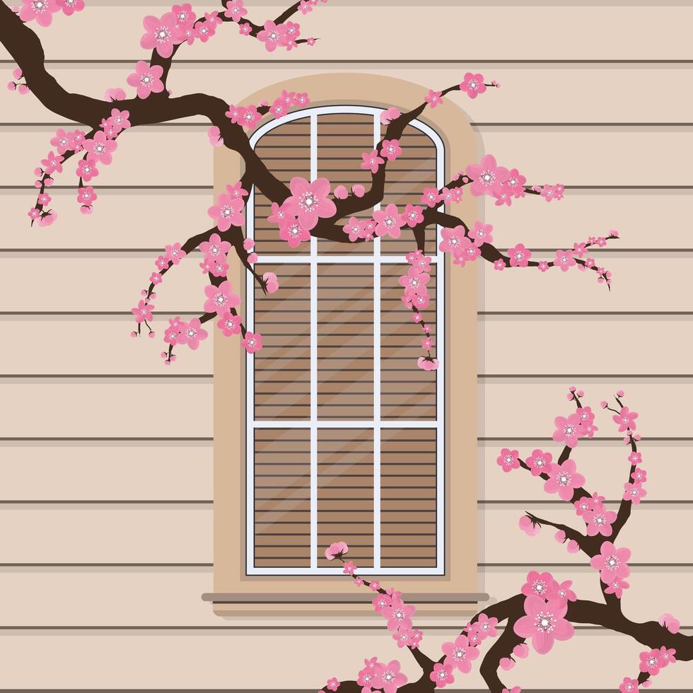 A window with pink blossoms and a branch vector