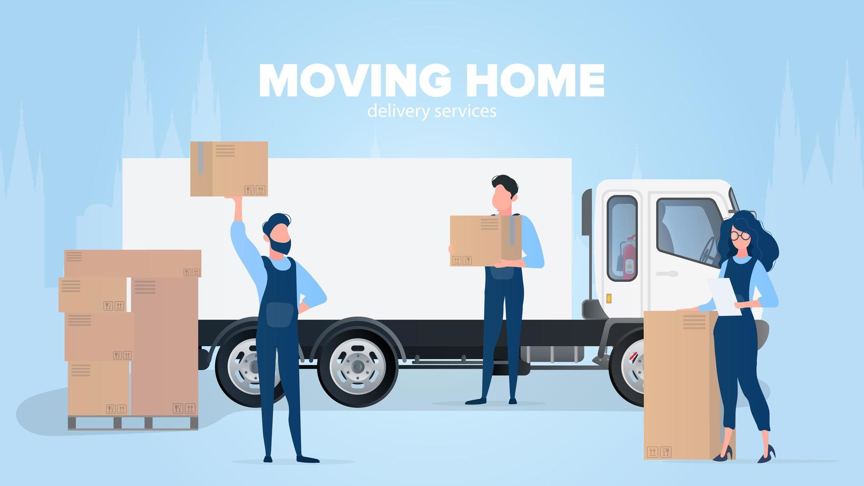Moving home banner. Moving to a new place. White truck, Movers carry boxes, a girl checks the presence in the list. vector