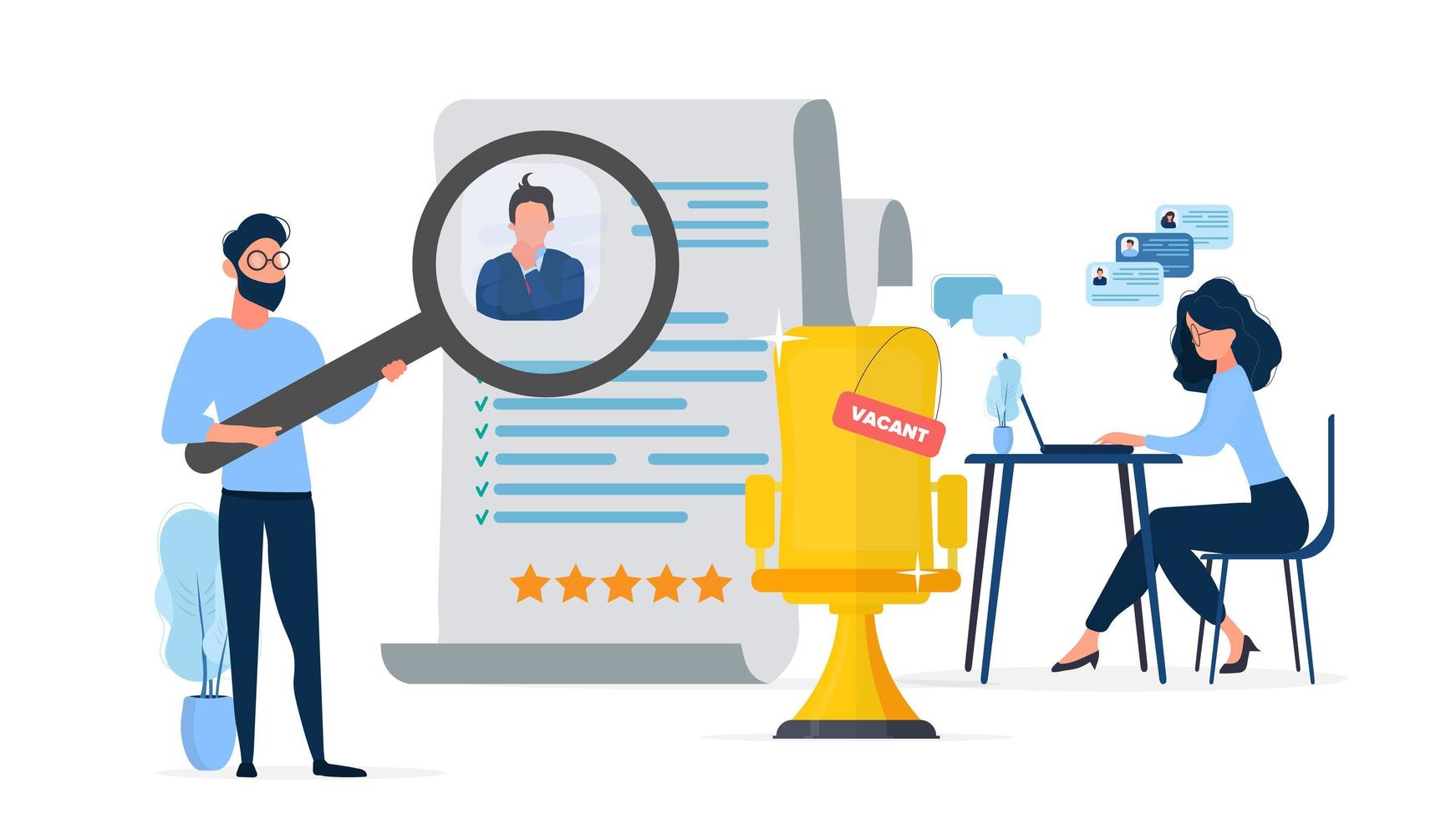 Free place. The guy under the magnifying glass reviews the resume. vector