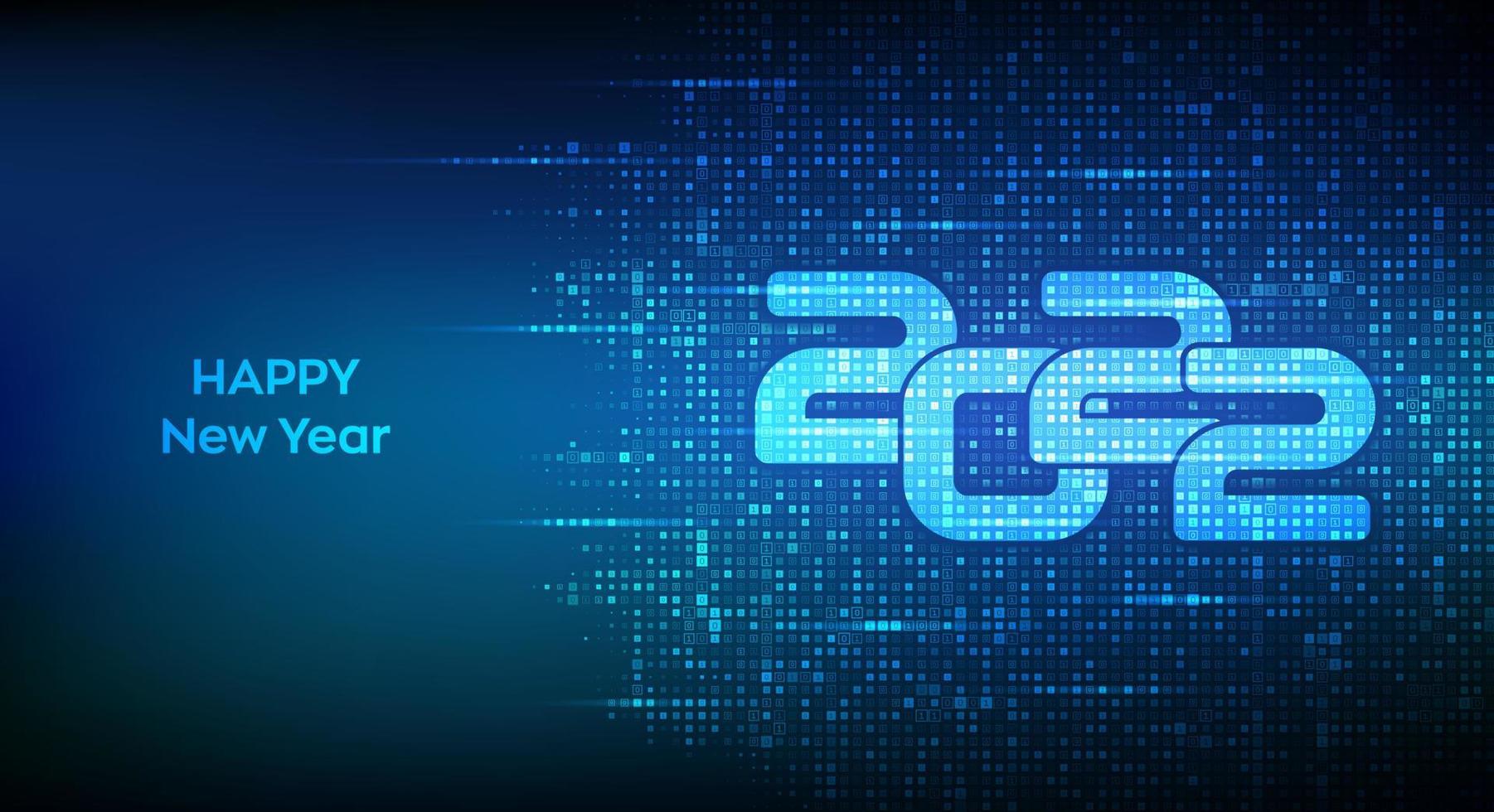 Happy New 2022 Year. Numbers 2022 made with binary code. Digital binary data and streaming digital code background. Matrix background with digits 1.0. Vector illustration.