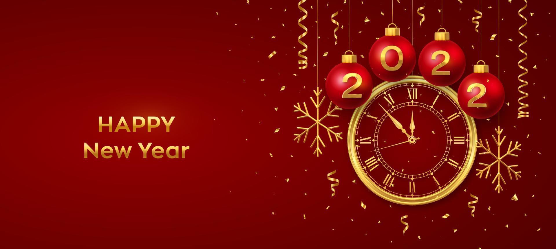 Happy New Year 2022. Hanging Red Christmas bauble balls with realistic gold 3d numbers 2022 and snowflakes. Watch with Roman numeral and countdown midnight, eve for New Year. Merry Christmas. Vector. vector