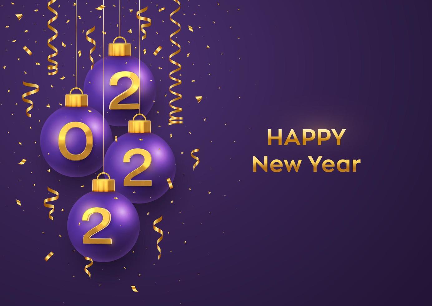 feliz año nuevo 2022. bolas de adorno navideño moradas colgantes con números dorados 3d realistas 2022 y confeti brillante. tarjeta de felicitación. cartel de vacaciones de Navidad año nuevo, banner, flyer. ilustración vectorial. vector