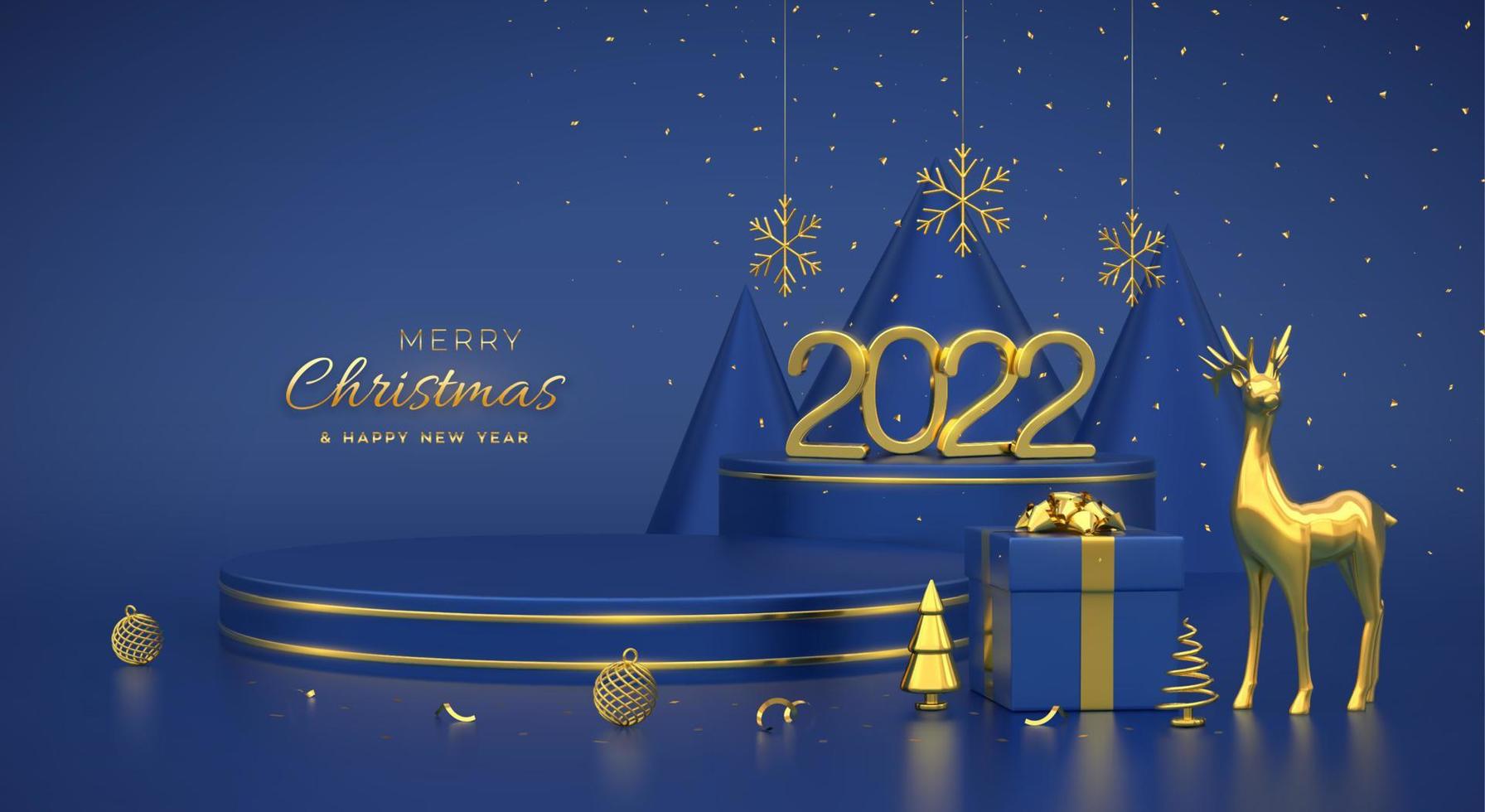 Christmas Scene and 3D round platforms on blue background. 3D Golden numbers 2022. Blank Pedestal with deer, shining snowflakes, balls, gift boxes, gold metallic cone shape pine, spruce trees. Vector. vector