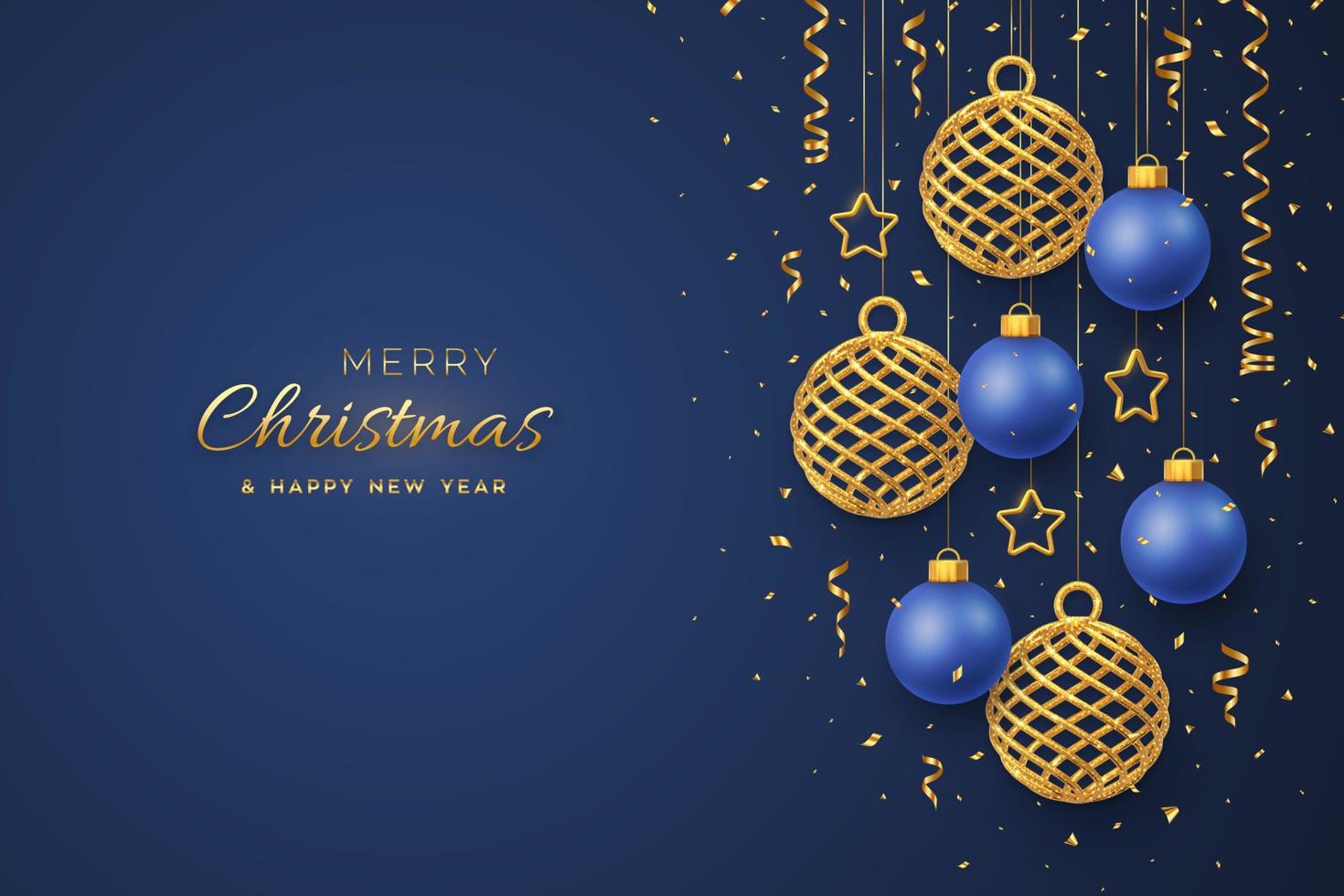 Christmas banner with shining hanging gold and blue balls golden stars and with confetti on blue background. Greeting card with copyspace. New Year poster, cover template. Holiday decoration. Vector. vector