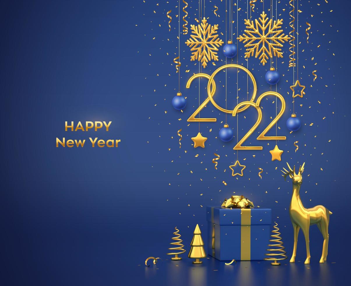 Happy New 2022 Year. Hanging golden metallic numbers 2022 with snowflakes, stars, balls on blue background. Gift box, gold deer and metallic pine or fir, cone shape spruce trees. Vector illustration.