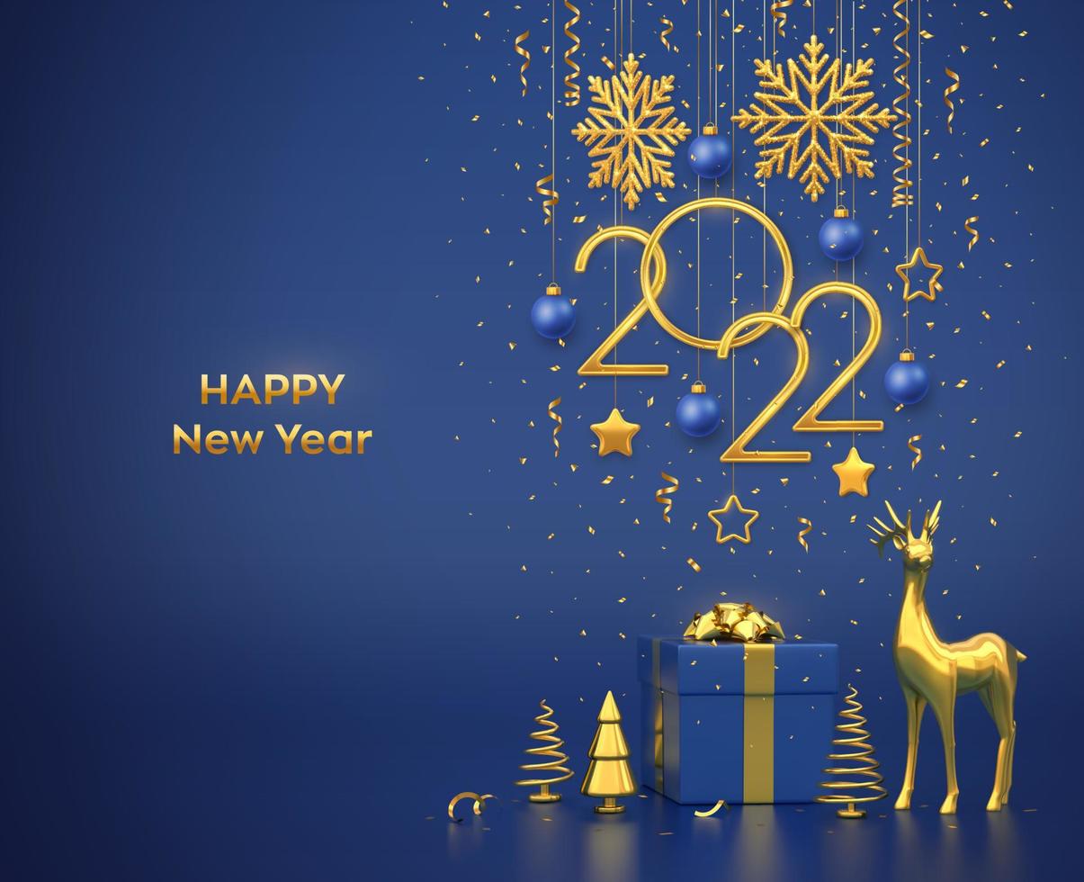 feliz año nuevo 2022. Colgando números metálicos dorados 2022 con copos de nieve, estrellas, bolas sobre fondo azul. caja de regalo, ciervo dorado y pino o abeto metálico, abetos en forma de cono. ilustración vectorial. vector