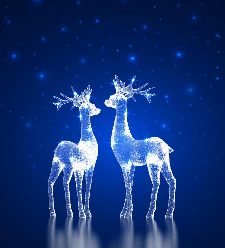 Christmas deers. Ice Reindeers. Abstract frozen deers couple shape on blue background. Christmas night. Merry Christmas and New Year card. Vector illustration.