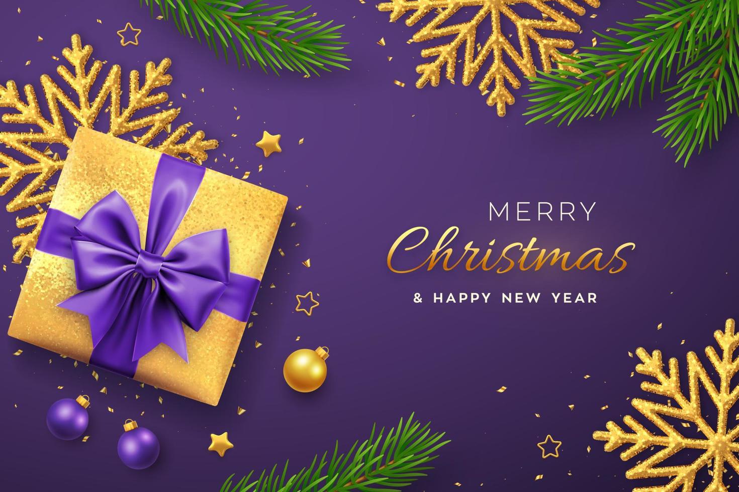 Christmas banner. Realistic gold gift box with purple bow, shining snowflake, gold stars, pine branches, confetti, balls. Xmas background, horizontal poster, greeting cards, headers website. Vector. vector