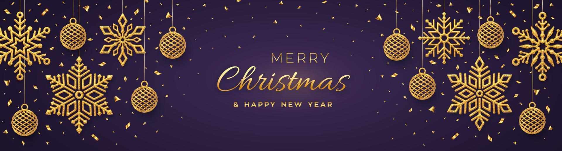 Christmas purple background with hanging shining golden snowflakes and balls. Merry christmas greeting card. Holiday Xmas and New Year poster, web banner. Vector Illustration.